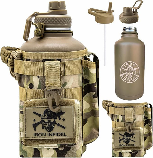 Iron Infidel Battle Bottle - Half Gallon Insulated Water Bottle with Paracord Handle - Large 64 oz Stainless Steel Water Jug & Rugged, Removable Sleeve For Keys, Wallet, Phone (OCP Camo 2 Liter)