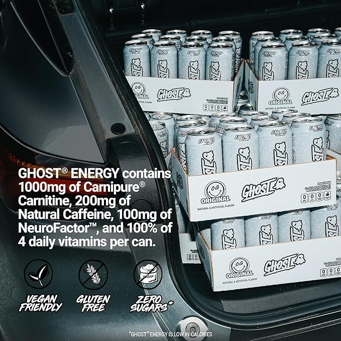 GHOST Energy Drink - 12-Pack, Original, 16oz - Energy & Focus & No Artificial Colors - 200mg of Natural Caffeine, L-Carnitine & Taurine - Gluten-Free & Vegan