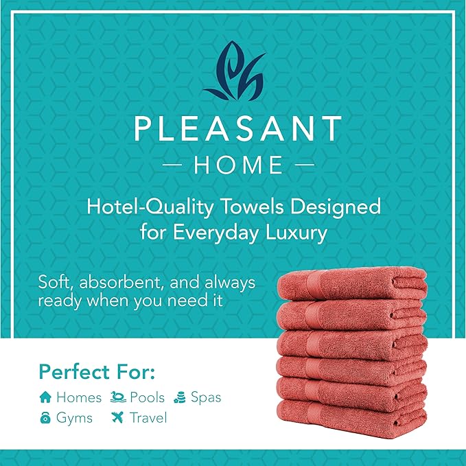 Pleasant Home Bath Towels Set of 6 (24” x 50”) 100% Cotton, 515 GSM | Lightweight, Soft & Absorbent Luxury Towels for Bathroom | for Gym, Pool & Spa | 6 Pack, Red