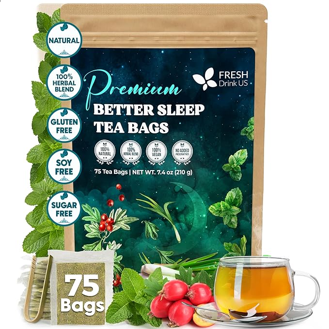 FreshDrinkUS, Premium 75 Tea Bags Better Sleep Herbal Tea | Special Herbal Sleep Tea, Caffeine-Free Loose Leaf Blend with Spearmint Leaves, Lemongrass Leaves, and Hawthorn Berry – Naturally Refreshing and Aromatic.