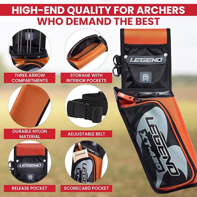 Legend XT420 Field Quiver - Left or Right-Handed Quiver Arrow Holder, Archery Quiver with 3 Arrow Tube, Durable Nylon Hip Quivers with Multiple Pockets for Archery Accessories, Score Card & Tools
