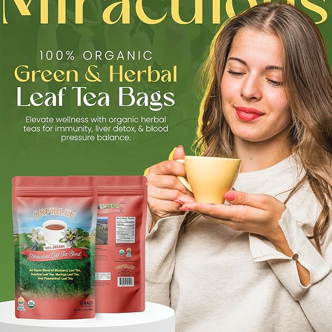 100% Organic Miraculous Leaf Tea bags | Organic Herbal Teas | Premium Quality & Flavorful Blends - 0 Sugars, 0 Carbs, 0 Fats, 1% Sodium (25mg) | Rich in Vitamins - Detox, Immunity, Wellness & More