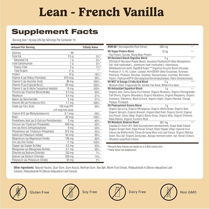 VitaHustle ONE Superfood Lean Protein Powder, All-in-One Nutrition Shake, 10g Plant Protein, Multivitamins, Ashwagandha, Low Calorie, Postbiotics, 15 Servings