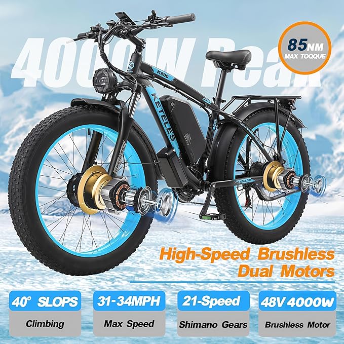 Electric Bike for Adults, AWD Ebike Dual Motor, 26'' Fat Tire Peak 4000W Ebikes with 48V 23AH Battery Hydraulic Brake Electric Bicycle, 21 Speed Dirt Bikes UL Certified