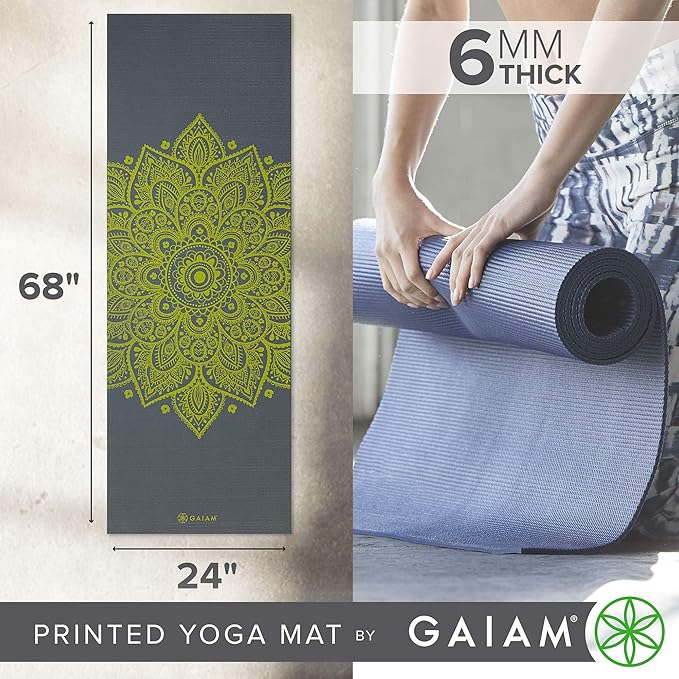 Gaiam Yoga Mat - Premium 6mm Print Extra Thick Non Slip Exercise & Fitness Mat for All Types of Yoga, Pilates & Floor Workouts (68"L x 24"W x 6mm Thick)