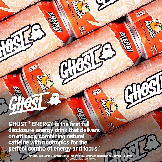 GHOST Energy Drink - 12-Pack, Peaches, 16oz - Energy & Focus & No Artificial Colors - 200mg of Natural Caffeine, L-Carnitine & Taurine - Gluten-Free & Vegan