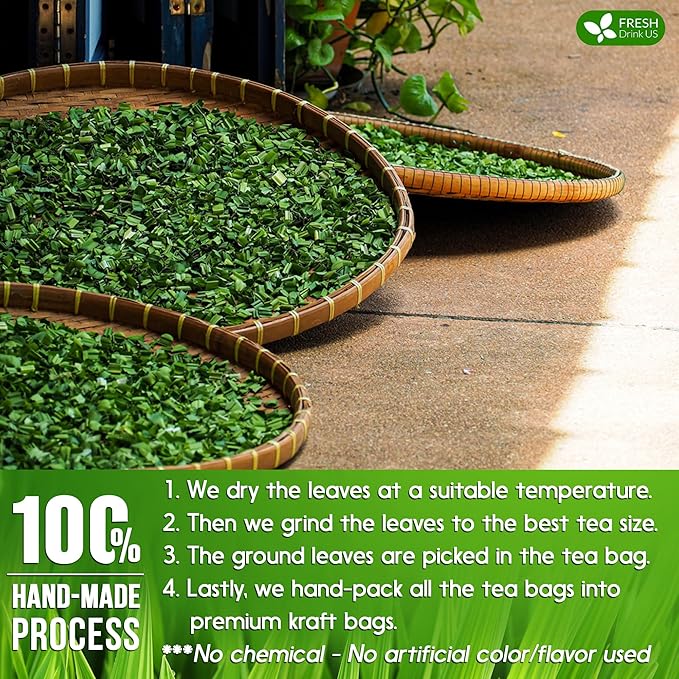 FreshDrinkUS, Premium 55 Pandan Leaf Tea Bags, 100% Natural & Pure from Pandan Leaves. Loose Leaf Pandan Herbal Tea. Made with Natural Material Tea Bags. No Sugar, No Caffeine, No Gluten, Vegan.