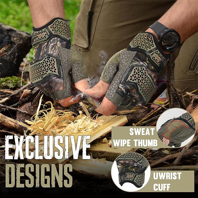 HANDLANDY Fingerless Framer Work Gloves for Men, Utility Grip Paded Gloves for Tactical Shooting Airsoft Hunting Driving (Camo- 3 Fingerless, Medium (Pack of 1))