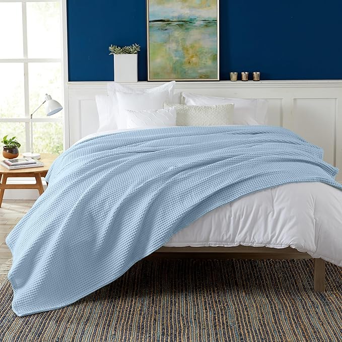 100% Cotton Waffle Weave Queen Bed Blanket | Soft, Breathable, and Lightweight Blanket for All-Seasons | Perfect for Layering | Brielle Collection (King, Sky Blue)