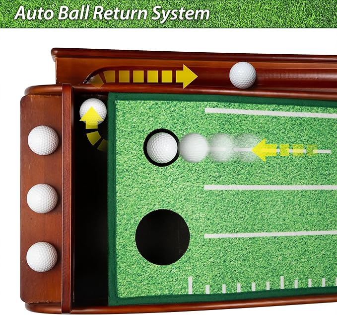 Golf Putting Mat with Ball Return - Putting Green Indoor Featuring 9ft Non-Slip Velvet Surface for Indoor & Outdoor - Smooth, Skip-Free Walnut Ball Return System - Golf Practice Mat for Backyard