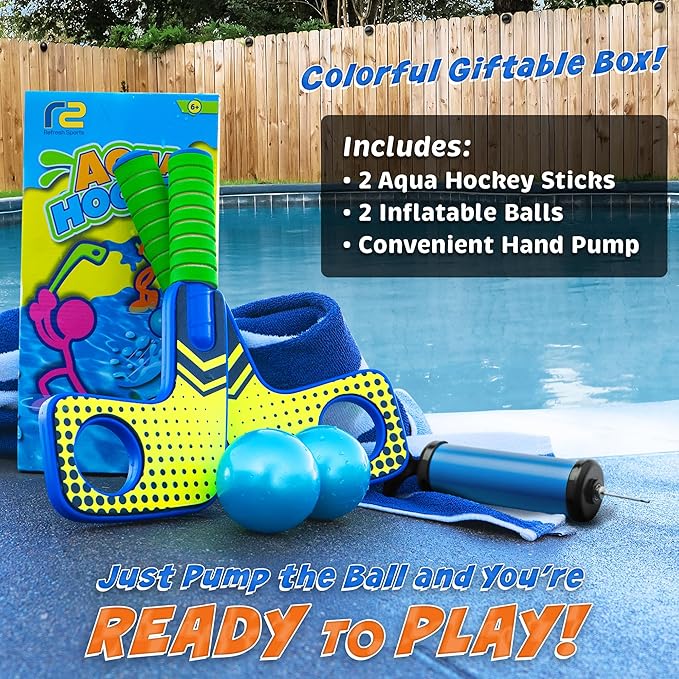 Fun Mini Hockey Sticks Game - Play at the Pool & Beach or in Home - For Kids & Adults All Ages - Use The Floating Soft Paddles to Shoot the Water Skipping Balls - Comes With 2 Sticks & 2 Balls