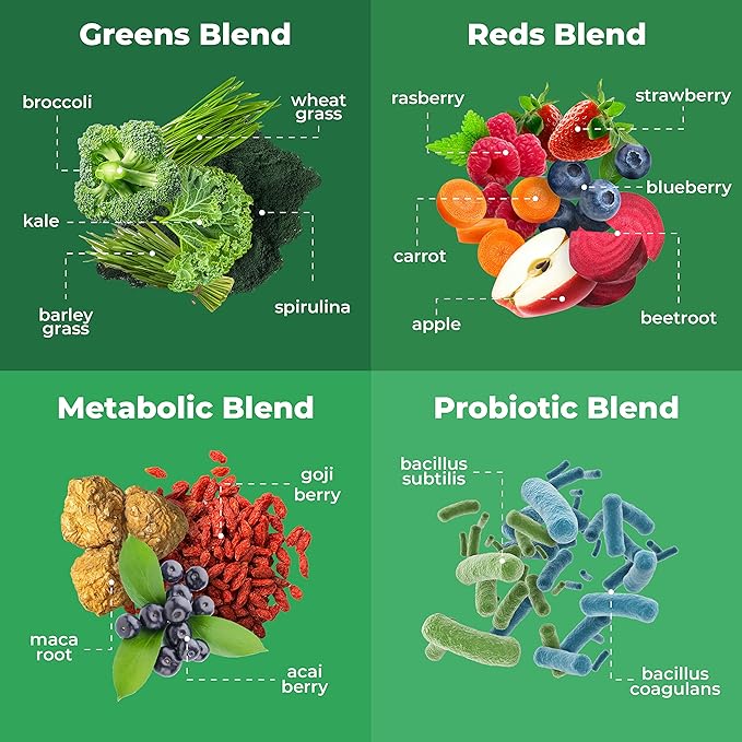 Greens Powder Travel Packs - 14 Servings for Memory, Digestion I Best Taste Super Greens Powder with Organic Spirulina, Goji, Beetroot, Pomegranate I Vegan, Non-GMO