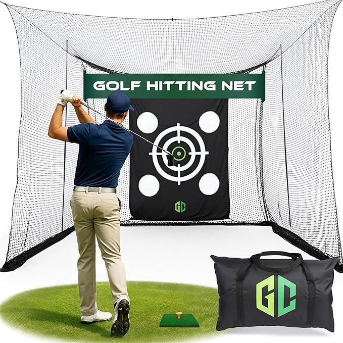 GrdnCare Golf Hitting Net 10x10x10ft – Golf Practice Net with Silent Target Tarp, Mat & Tee with Carry Bag (No Metal Frame) – Indoor Practice for Backyard or Garage & Outdoors