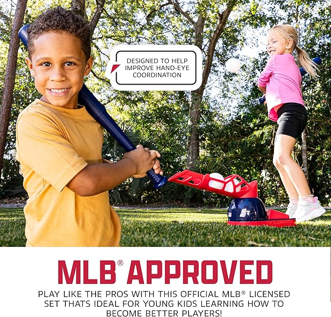 Franklin Sports Kids Baseball Pitching Machine - Pop A Pitch Batting Machine with Youth Bat + 3 Plastic Balls - Boys + Girls Toy