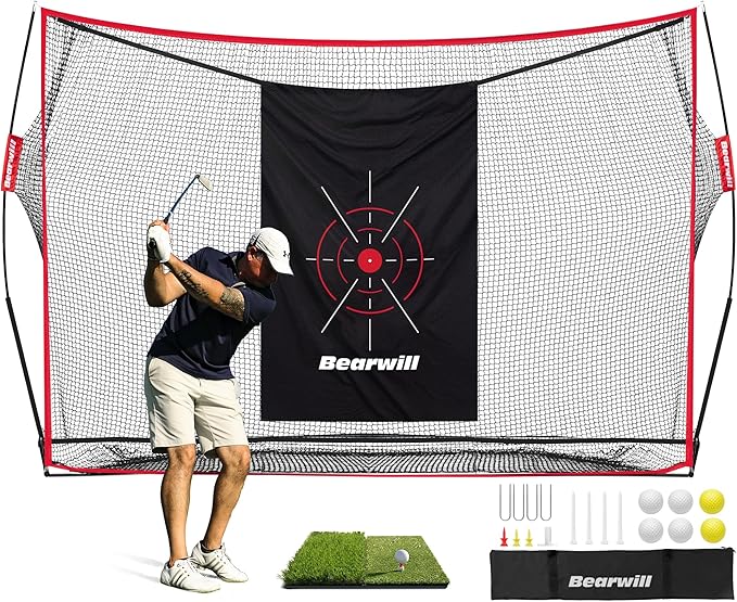 Golf Net, 10x7ft Heavy Duty Golf Practice Nets with Mat, Target Cloth, 8 Tees, 6 Balls, Carry Bag for Backyard Driving Chipping Indoor Outdoor Training