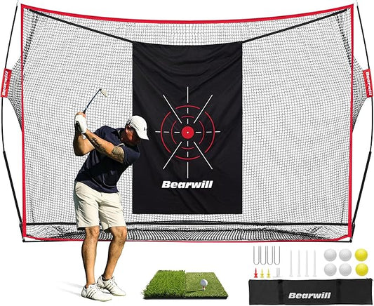 Golf Net, 10x7ft Heavy Duty Golf Practice Nets with Mat, Target Cloth, 8 Tees, 6 Balls, Carry Bag for Backyard Driving Chipping Indoor Outdoor Training