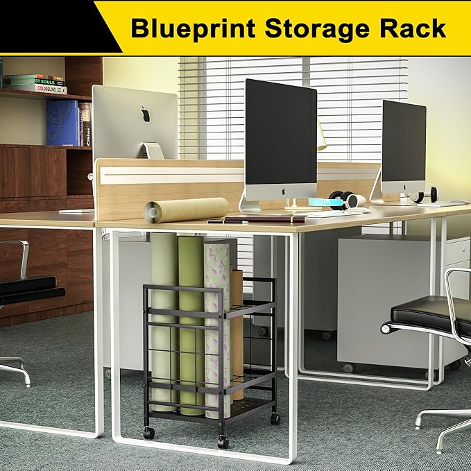 GIOTORENT Blueprint Storage Rack, Blueprint Holder with Wheels, Used for Storing Map/Poster/Blueprint/Architectural Construction Plan, 12 Slots, 2 Brakes, Silent Wheel for Home, Office, School(Black)