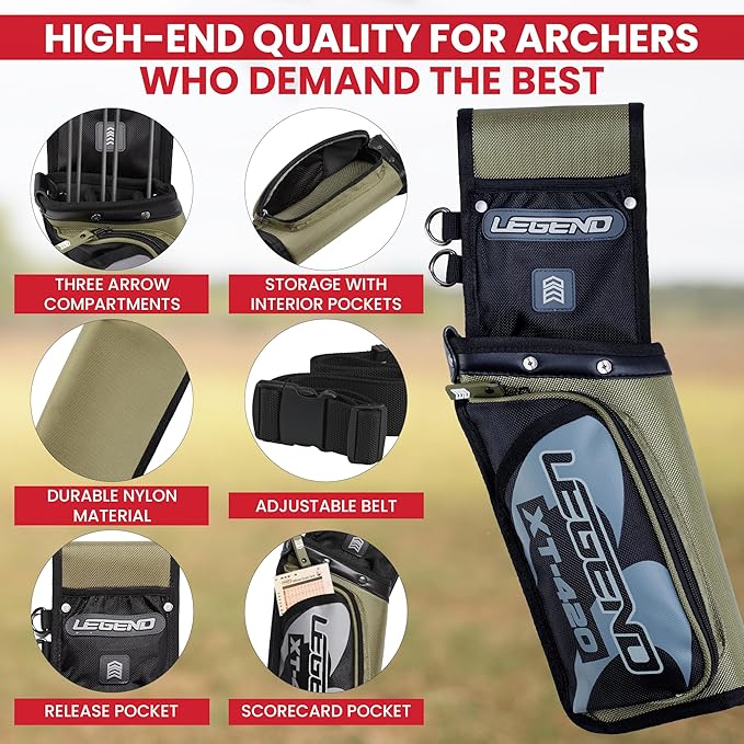 Legend XT420 Field Quiver - Left or Right-Handed Quiver Arrow Holder, Archery Quiver with 3 Arrow Tube, Durable Nylon Hip Quivers with Multiple Pockets for Archery Accessories, Score Card & Tools