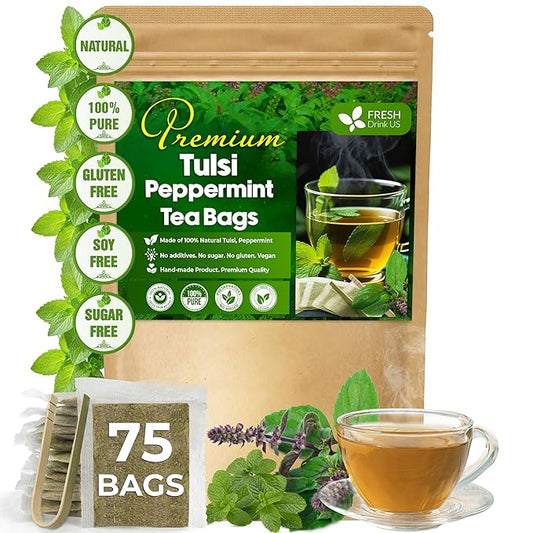 FreshDrinkUS, Premium Tulsi Peppermint Herbal Tea – 75 Tea Bags, 100% Natural, Blend of Tulsi Holy Basil Leaves, and Peppermint Leaves. Made with Natural Material Tea Bags. No Sugar, Vegan.