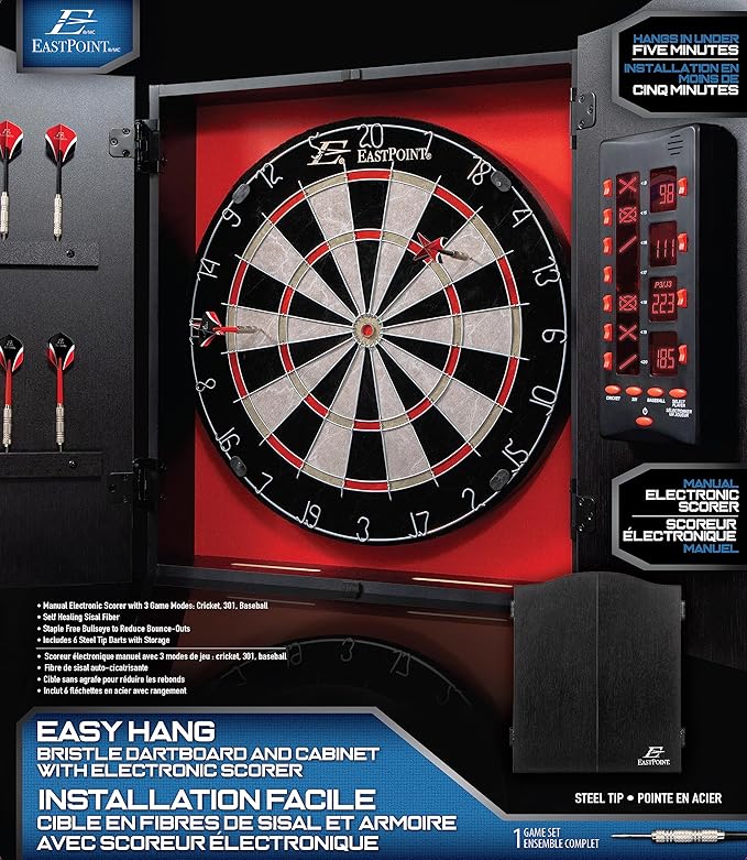 EastPoint Sports Tournament Bristle Dartboard and Easy Hang Cabinet with Electronic Scoreboard and 6 Steel Tip Darts