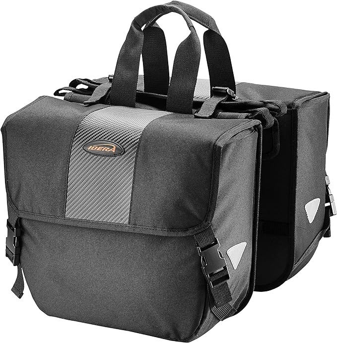 Ibera Adjustable Bicycle Bag (Pair) with Quick Release/Clip-On System - Water Resistant Bike Saddle Bags For Rear Rack with & 19.8 lbs Capacity Each - Saddle Bag Bicycle Fits Most Racks (Black)