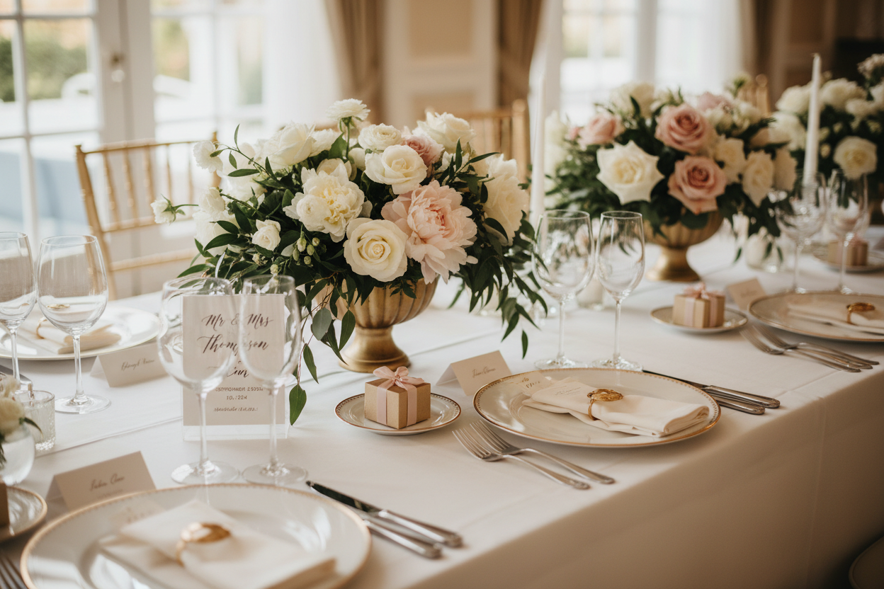 Elegant décor, centerpiece accents, table settings, signage, favors, and everything you need to style your big day with sophistication. (make it real photo)