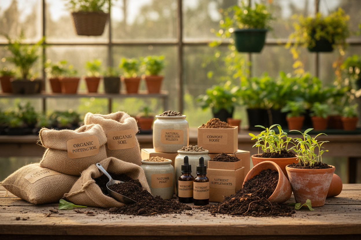 Soils & Fertilizers: Organic and nutrient-rich options to keep your plants happy and thriving. (make it real photo)