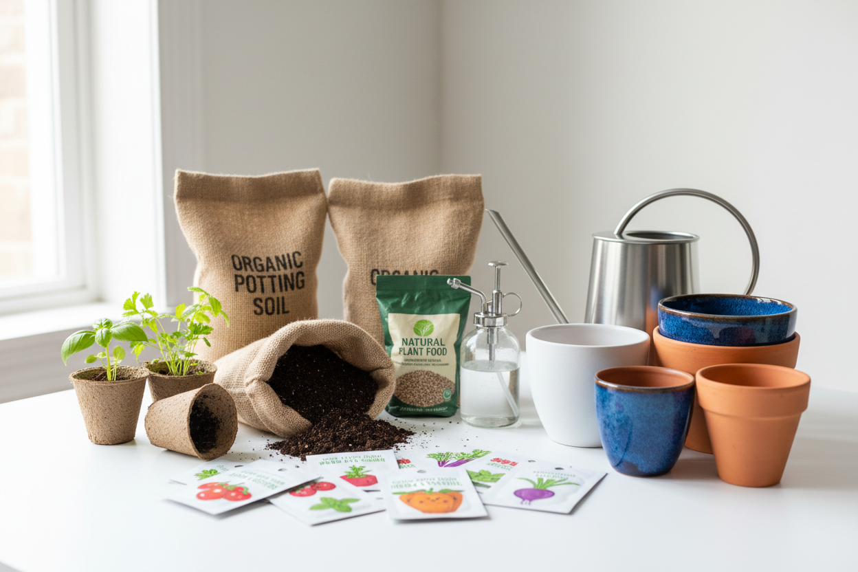 Soils & Fertilizers: Organic and nutrient-rich options to keep your plants happy and thriving.

Pots & Containers: Stylish, durable, and functional pots to match any home décor.

Watering Tools & Accessories: From watering cans to humidity tools, we make plant care easy.

Seeds & Starter Plants: Perfect for growing your indoor garden from scratch. (MAKE IT REAL PHOTO)